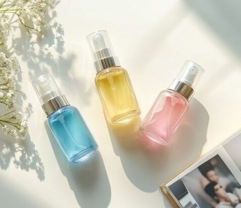 Colorful cosmetic bottles on table by Beautiful things on creativemarket